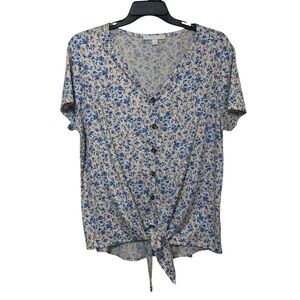 Juniper & Lime Blue Floral Tie Front Blouse - Plus Size 1X